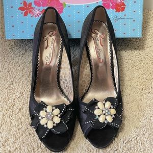 Poetic Licence London Design Asylum creation Black 3 inch heels with Flower